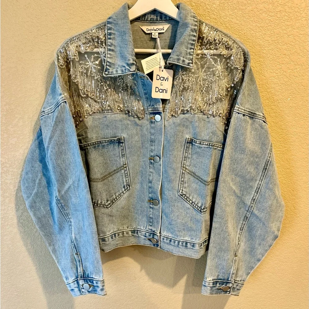 DAVI & DANI NWT Light Blue Cropped Denim Jacket with Sheer Embellishments Size S - Picture 9 of 13